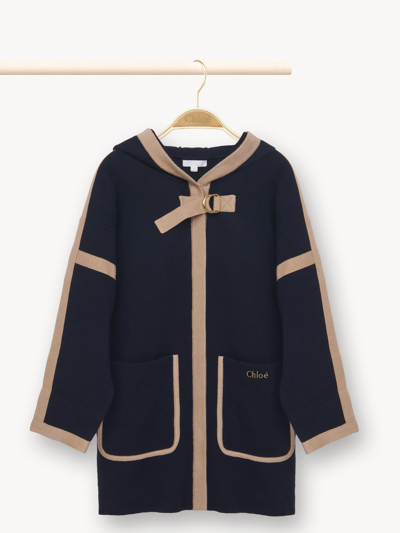 Chloé Kids Navy Hooded Coat In Blue