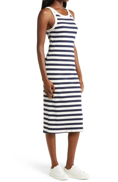 Shop Mother The Chin Ups Stripe Stretch Cotton Midi Dress In Navy/ Natural Stripe