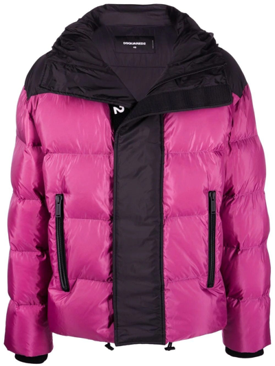 Shop Dsquared2 Black And Fuchsia Down Jacket With Logo Print In Pink