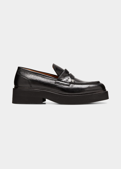 Shop Marni Men's Platform Leather Penny Loafers W/ Piercing In Black