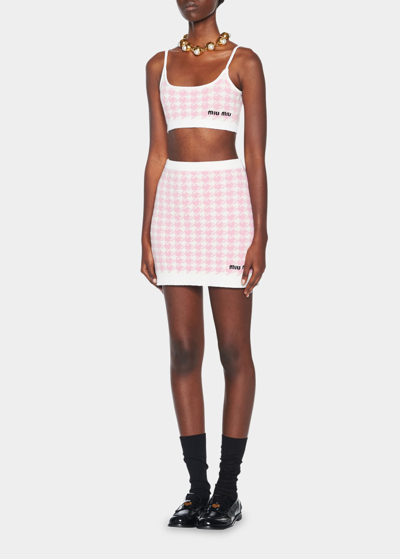 Shop Miu Miu Logo Houndstooth Cashmere Bra Top In F0ay1 Bianco Rosa