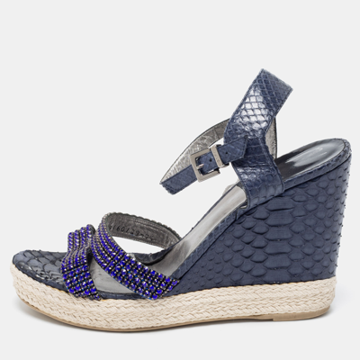 Pre-owned Gina Navy Blue Python Leather Crystal Embellished Wedge Platform Ankle-strap Sandals Size 40.5