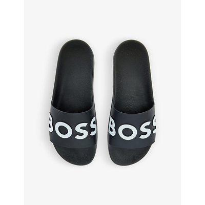 Shop Hugo Boss Boss Mens Black Logo-print Tpu Sliders