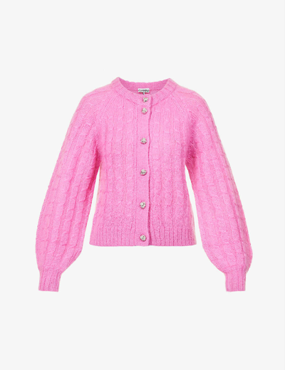 Shop Ganni Puff-sleeve Cable-knit Wool-blend Cardigan In Phlox Pink