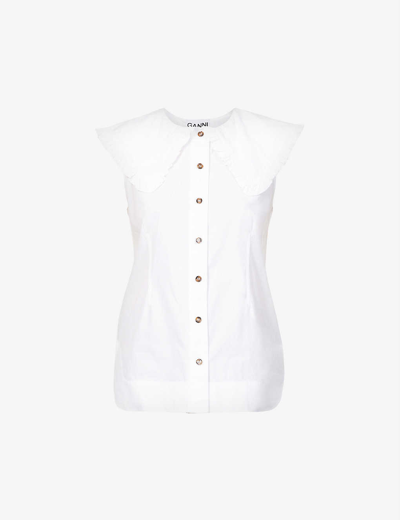 Shop Ganni Collar-overlay Sleeveless Organic Cotton Shirt In Bright White