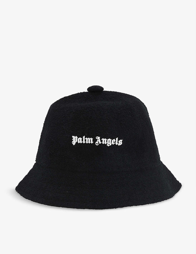 Shop Palm Angels Branded Cotton Bucket Hat In Black White