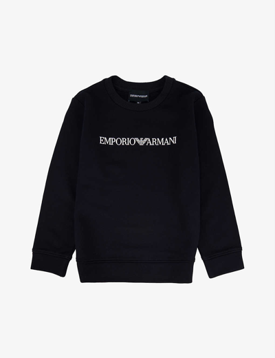 Shop Emporio Armani Spellout Logo-print Modal And Cotton-blend Sweatshirt 4-16 Years In Navy Logo