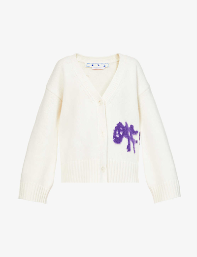 Shop Off-white C/o Virgil Abloh Women's White Purple Intarsia Graphic-embroidered Wool-blend Cardigan