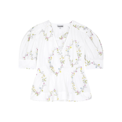 Shop Ganni White Floral-print Cotton-poplin Blouse