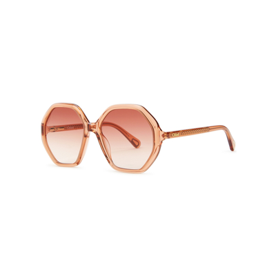 Shop Chloé Esther Peach Hexagon-frame Sunglasses In Orange