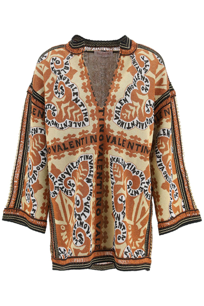 Shop Valentino Lurex Knit Kaftan Sweater In Orange,gold,black