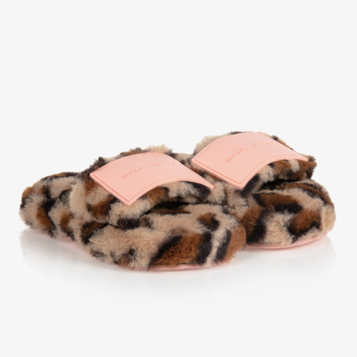 Shop Marc Jacobs Girls Leopard Faux Fur Sliders In Brown