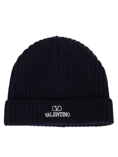 Shop Valentino Logo Embroidered Ribbed Beanie In Navy