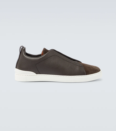 Shop Zegna Triple Stitch Leather Sneakers In Dk Brw Sld