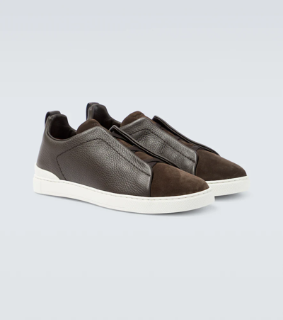 Shop Zegna Triple Stitch Leather Sneakers In Dk Brw Sld