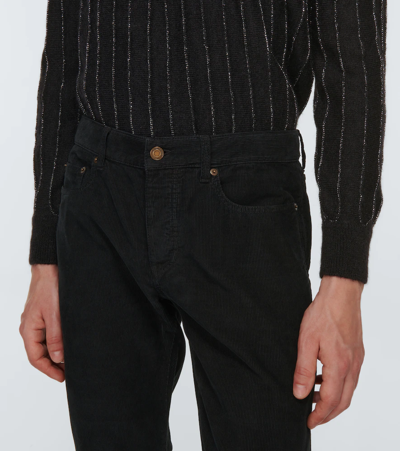 Shop Saint Laurent Cotton Corduroy Skinny Pants In Bright Black Stonewash