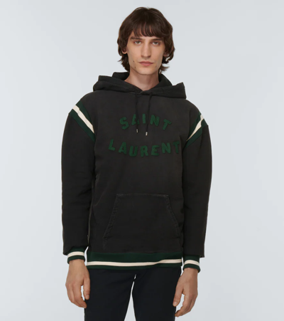 Shop Saint Laurent Logo Cotton Jersey Hoodie In Noir Blanchi/vert/naturel