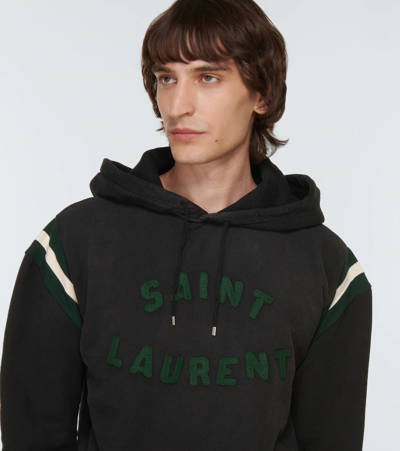 Shop Saint Laurent Logo Cotton Jersey Hoodie In Noir Blanchi/vert/naturel