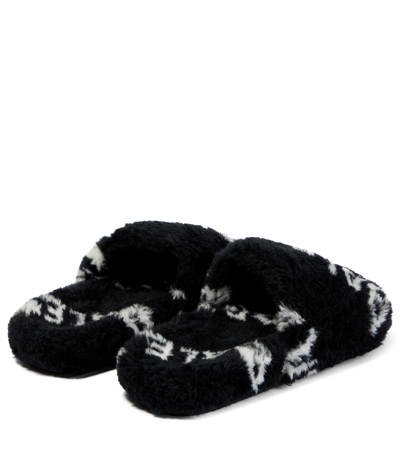 Shop Balenciaga Logo Faux Fur Sandals In Black/white/red