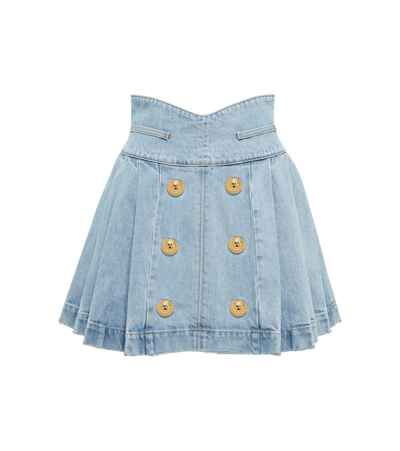 Shop Balmain Pleated Denim Miniskirt In 6fc Bleu Jean Clair