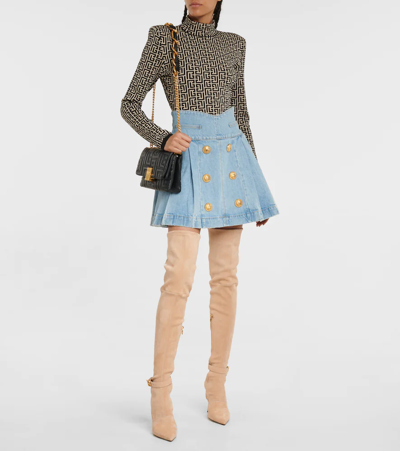 Shop Balmain Pleated Denim Miniskirt In 6fc Bleu Jean Clair