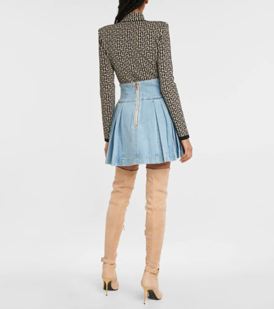 Shop Balmain Pleated Denim Miniskirt In 6fc Bleu Jean Clair