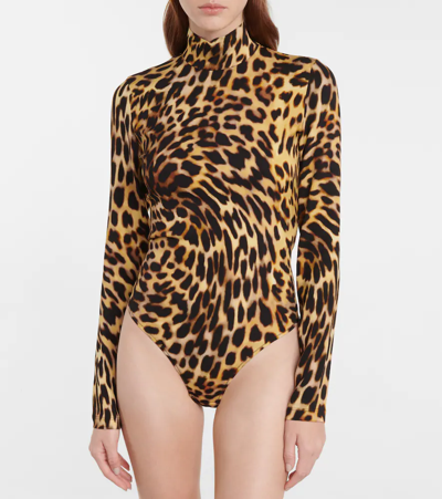 Stella Mccartney Cheetah Print Long Sleeve Turtleneck Bodysuit In Tortoise Shell