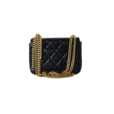 Pre-owned Chanel Enamel Quilted Pending Cc Mini Square Lambskin Flap Bag Black Gold In Default Title
