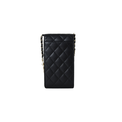 Chanel Black Quilted Lambskin Gemstone and Imitation Pearl Heart Chain Vanity Case Gold Hardware (Very Good), Womens Handbag