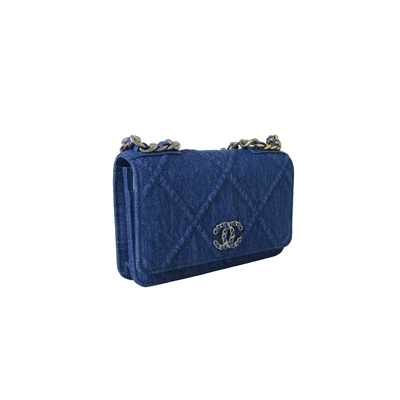 Pre-owned Chanel Quilted Wallet On Chain 19 Silver Denim Blue In Default Title