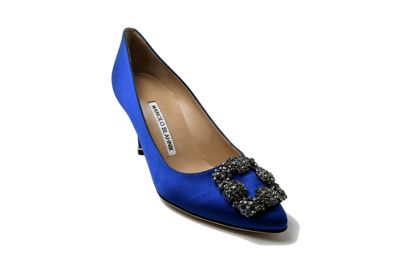 Shop Manolo Blahnik Hangisi Satin Blue 70 In Us 16