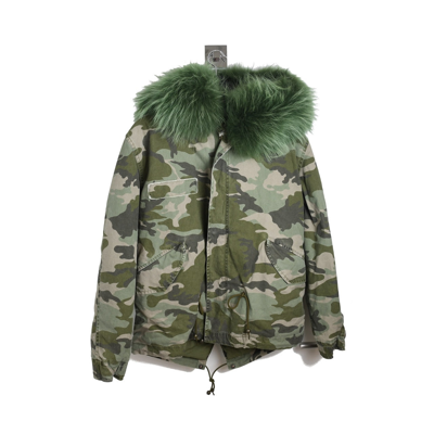 Mr & Mrs Army Camouflage Print Fur Hooded Jacket Green In Xxl