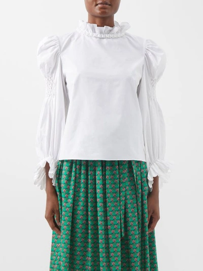 Horror Vacui Claire Ruffled Smocked Cotton-poplin Blouse In White 