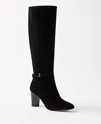 Shop Ann Taylor High Heel Suede Buckle Boots In Black