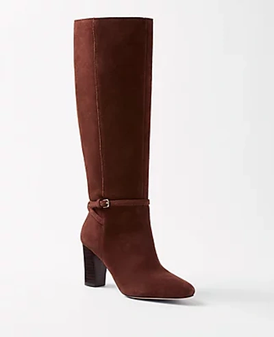 Shop Ann Taylor High Heel Suede Buckle Boots In Pure Chocolate