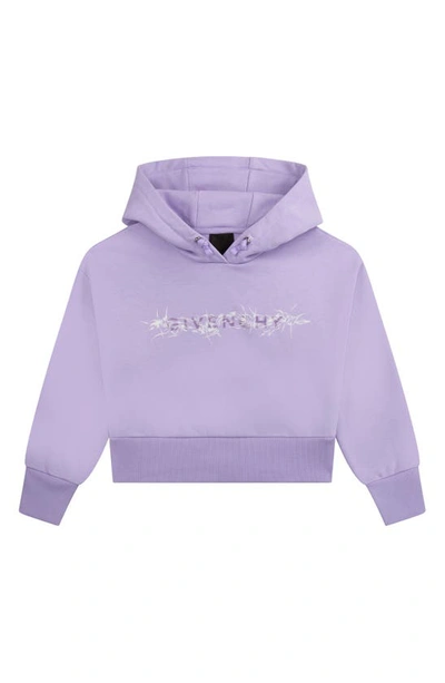 Shop Givenchy Kids' Barbed Wire Logo Crop Fleece Graphic Hoodie In 925-lilac