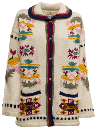 Shop Etro White Cardigan In Knitted Wool Knit With Multicolor Ikat Embroidery  Woman