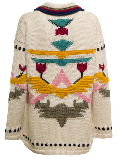 Shop Etro White Cardigan In Knitted Wool Knit With Multicolor Ikat Embroidery  Woman