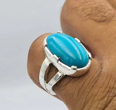 Pre-owned Handmade Aaaa Sleeping Beauty Unisex Feroza Ring Real Turquoise Stone Jewelry Mens Rings