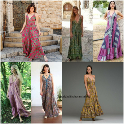 Pre-owned Handmade Indian Wholesale Women Silk Sari Halter Magic Summer Dresses Maxi Beach Dress