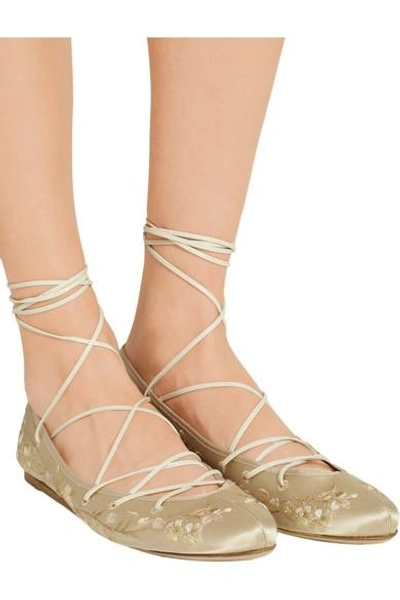 Shop Etro Lace-up Embroidered Satin Ballet Flats
