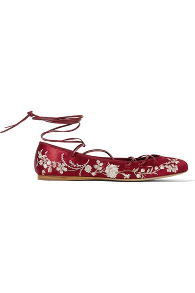 Etro Woman Lace-up Embroidered Satin Ballet Flats Claret In Red