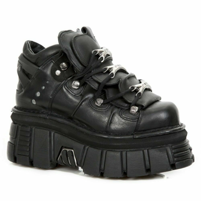 Pre-owned New Rock Rock M.106-s29 Tower Shoes Metallic Black Leather Biker Gothic Boots