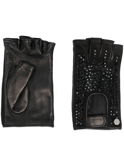 Shop Philipp Plein Crystal-embellished Leather Gloves In Schwarz