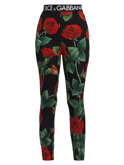 Shop Dolce & Gabbana Women's Logo Waist & Floral-print Leggings In Rose Rosse Fdo Nero