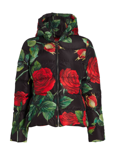 Shop Dolce & Gabbana Women's Hooded Floral Puffer Jacket In Rose Rosse Fdo Nero