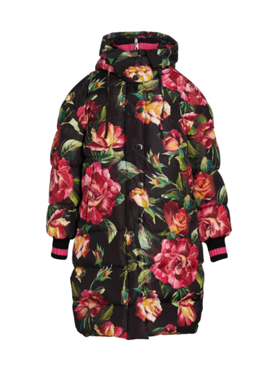 Shop Dolce & Gabbana Women's Long Quilted Hooded Floral Jacket In Rose Rosa Fdo Nero