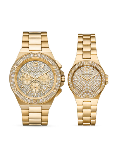 Shop Michael Kors Lennox Goldtone & Crystal His & Hers Bracelet Watch Set In Yellow Gold