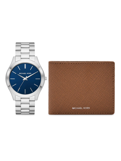 Shop Michael Kors Men's Slim Runway Stainless Steel Bracelet Watch & Saffiano Leather Wallet Gift Set In Silver