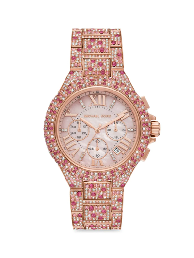 Shop Michael Kors Women's Camille Rose-goldtone Stainless Steel & Crystal Chronograph Watch In Pink